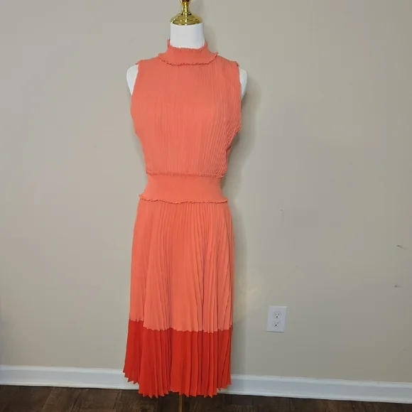 Nanette Lepore Orange Red Accordion Pleated Dress Colorblock Summer Wedding - Picture 2 of 7